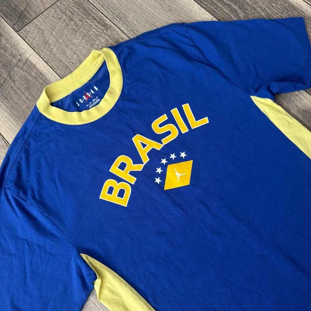 Jordan Brasil Ringer T-Shirt Mens XS Blue Yellow Graphic Soccer Jumpman Football